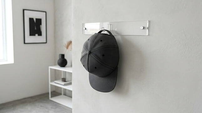 A dark grey baseball cap hanging on a minimalist wall mounted hook.