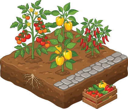 Colorful vegetable garden patch with tomatoes and peppers in soil