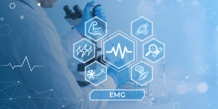 Medical professional analyzing electrodiagnostic testing with EMG technology and health icons overlay