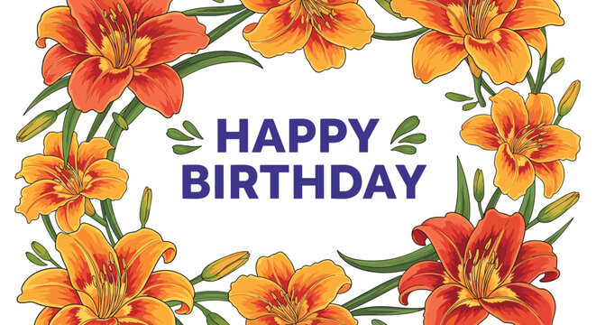Bright Happy Birthday text in bold blue font centered within a vibrant circular frame of orange and red tiger lilies with green leaves.