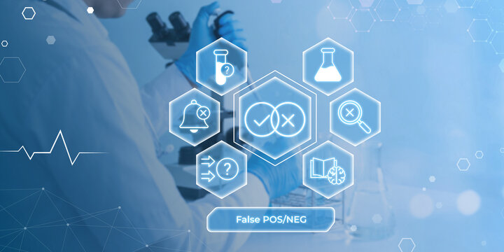 Medical professional analyzing false positive negative diagnostic test results with digital health icons overlay