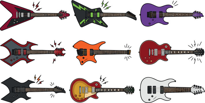Collection of electric guitar vector illustrations with various rock and heavy metal musical instrument body shapes