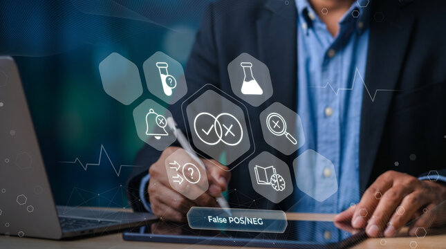 Medical professional analyzing false positive negative test results on digital interface with diagnostic icons