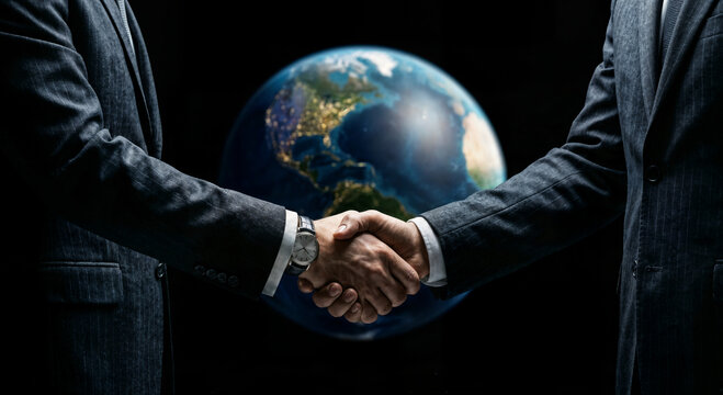 Two businessmen in suits shaking hands with planet earth in background symbolizing global business deal partnership cooperation international collaboration and agreement.