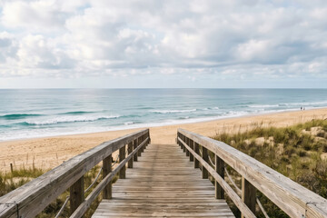 Fototapeta premium A scenic view of a wooden boardwalk leading down to a tranquil beach with gentle waves and a cloudy sky.