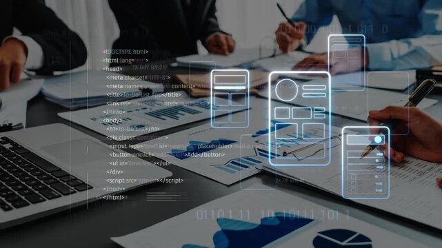 A business team collaborates on a project in a modern office setting, utilizing digital tools and data visualization for effective planning and strategy development. Raster