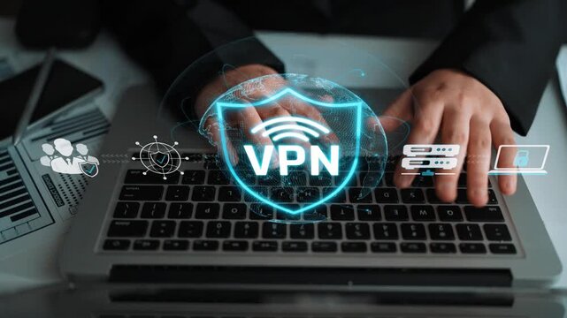 Professional Hands Typing on Laptop with Virtual Shield Representing VPN Connectivity and Cybersecurity in Modern Digital Environment Sigmoid