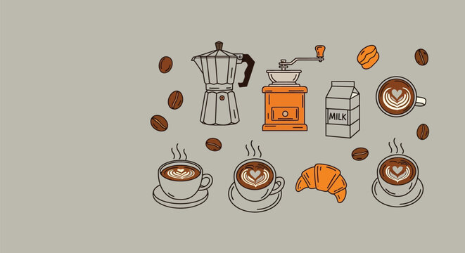 Hand-drawn coffee and latte art illustration with coffee beans and croissant