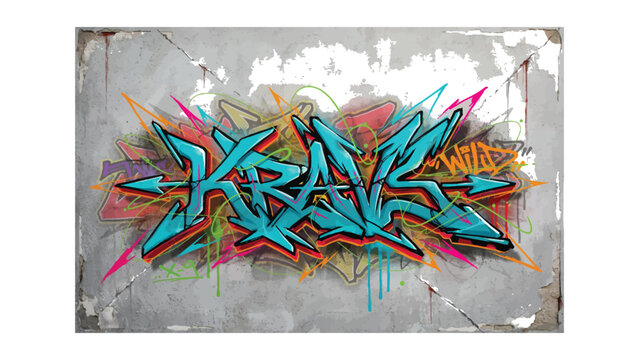 Urban graffiti art with KRAK text on concrete wall, vibrant street art illustration, colorful wildstyle spray paint mural on textured cement background