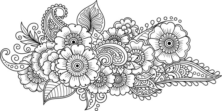 Traditional Mehndi Henna Flower Bouquet Element with Ornamental Paisley Patterns and Botanical Leaves for Tattoo Designs and Adult Coloring Books