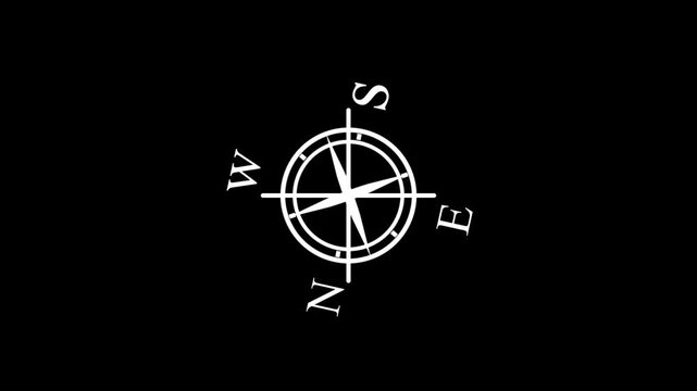 Minimalist white compass rose rotating smoothly on solid black background clip.