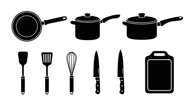 Kitchen utensils and cookware on white background