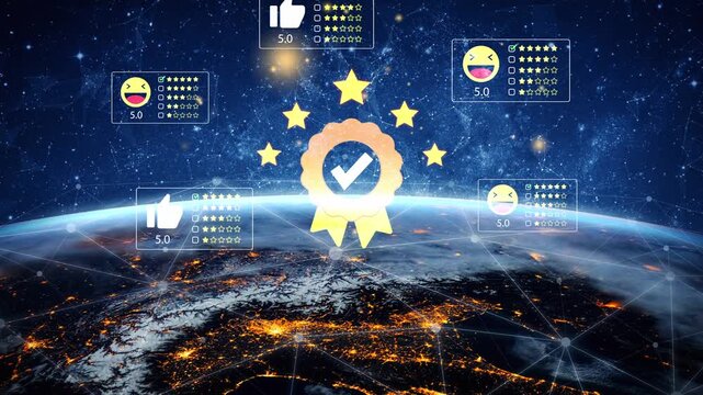 Digital recognition and feedback concept with stars, awards, reviews, and social media interaction on global map background. Entropy.