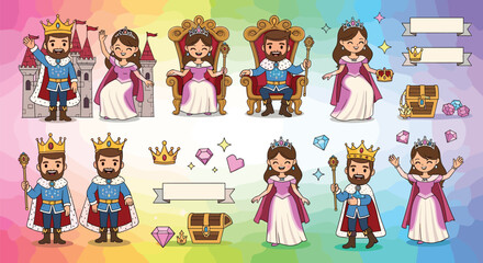 Fototapeta premium Cute Cartoon King and Queen Royal Characters Set with Crown Castle Throne and Treasure Chest Vector Illustration