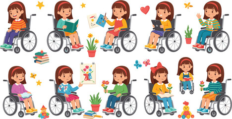 Fototapeta premium Cute Cartoon Disabled Girl in Wheelchair Reading Painting Drawing and Learning Activities Vector Illustration Set
