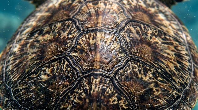 Closeup of a turtles shell with intricate brown and black patterns underwater