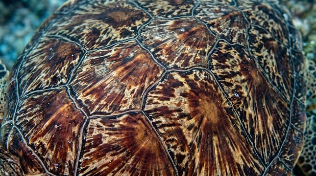 Closeup of a sea turtles shell with intricate brown and tan patterns