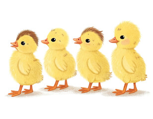 Fototapeta premium An illustration of four cute yellow ducklings standing side by side on a plain white background, each with fluffy feathers, orange beaks and feet, and distinctive brown hair tufts on their heads.