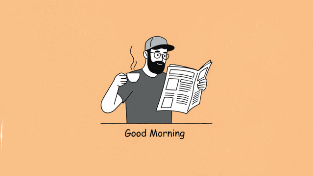 man reading newspaper and drinking coffee in the morning