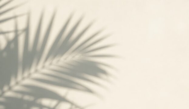 Palm leaf shadow casting intricate patterns on bright white wall in natural sunlight