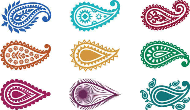 Collection of colorful paisley vector ornaments with traditional indian motifs and intricate floral details for ethnic design