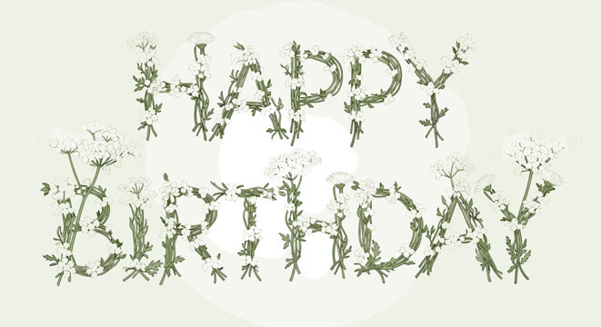 Delicate happy birthday message is uniquely rendered using thin green stems adorned with tiny white flowers for a subtle floral greeting.