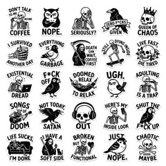 Obraz premium Collection of Humorous Skeleton and Bird Illustrations with Dark Humor Quotes