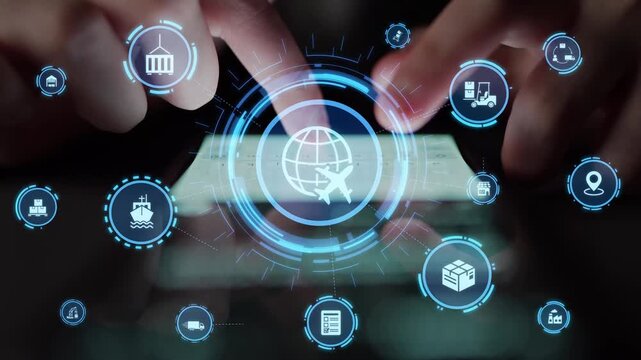 Global shipping icons show transport, loFunnelics, and cargo delivery. Global shipping connects supply chain, global shipping management, and worldwide goods distribution. Funnel