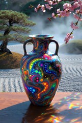 Naklejka premium Vaso decorativo con motivi psichedelici e colori fluo in un sereno giardino zen giapponese