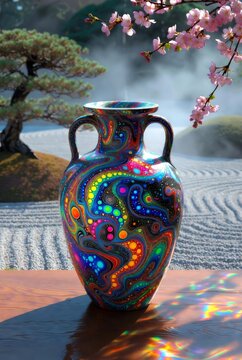 Vaso decorativo con motivi psichedelici e colori fluo in un sereno giardino zen giapponese