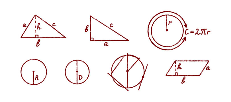 Educational geometric crayon shapes. Educational geometry hand drawn sketches. Set of mathematical diagrams including triangles, circles with radius and diameter, and parallelogram in chalk style.
