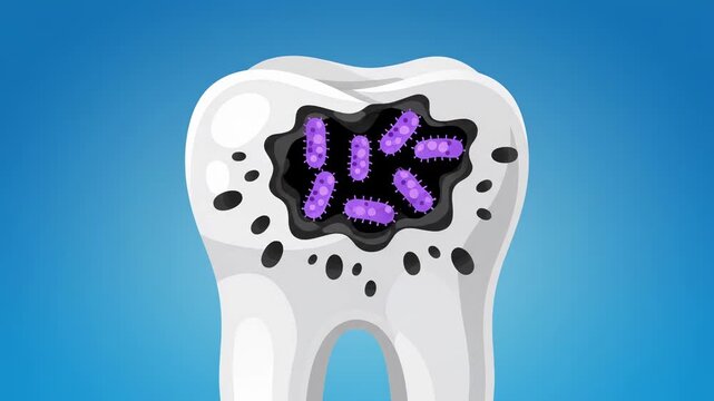 Tooth decays from bacteria creating a cavity in the enamel. Clean 2D animation uses a simple color palette and gradient background.