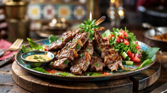 Egyptian cuisine . 
Reyash (Reyash / Reyash Meshweya) is the famous Egyptian lamb cutlets on a bone, cooked on an open grill.