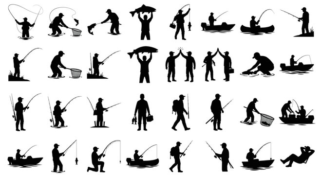 Fisherman silhouettes bundle, men fishing from motorboats, catching big fish with nets, and celebrating high five, black icons isolated on transparent background