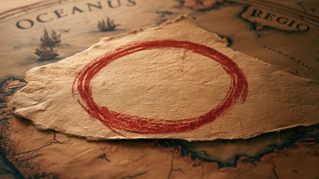 Circle drawn in red on old paper map shows location in ocean region with marked territory for exploration or discovery