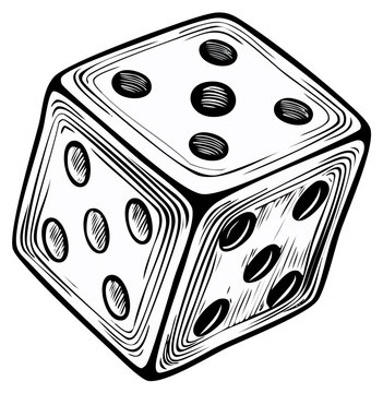 Hand drawn illustration of a single die showing three faces with pips
