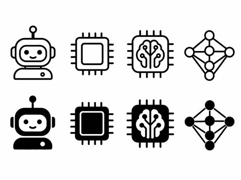 Robot icons with computer chips and neural network symbols in black and white
