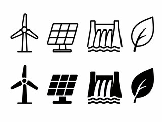 Fototapeta premium Renewable energy icons: wind turbine, solar panel, hydro dam, leaf symbols in black and white