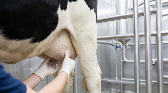 Dairy cow udder exam, Farm veterinary mastitis care, Clean milking barn healthcare, Professional cattle treatment, Responsible dairy management, Close up