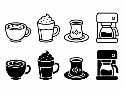 Coffee and tea icon set: cups, mugs, and makers in black and white