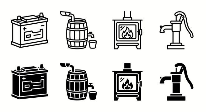 Collection of icons: battery, barrel with tap, wood stove, water pump