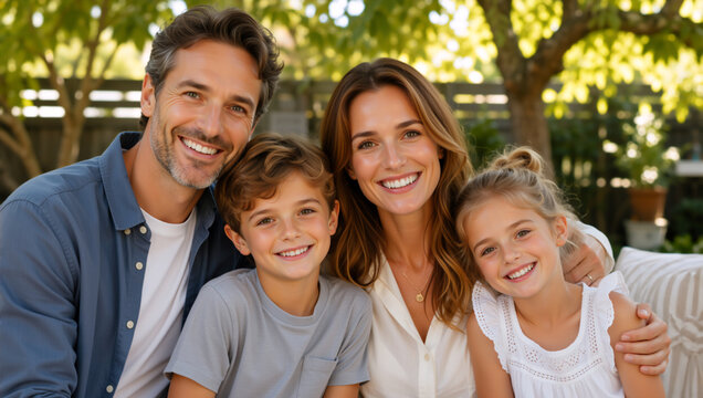 Portrait of a happy family of four outdoors in a backyard. Smiling parents with their son and daughter. Togetherness and parenting concept