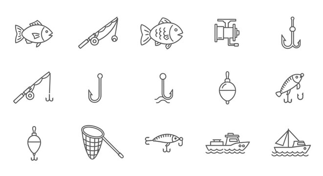 Fishing icons and symbols line style.