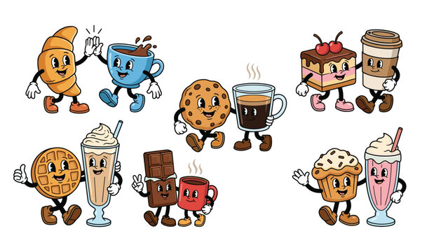 Retro cartoon coffee and dessert character set. Vintage coffee couples, chocolate, croissant, cookies, milkshake, cake, waffle and muffin vectors in 1930s rubber hose animation style.