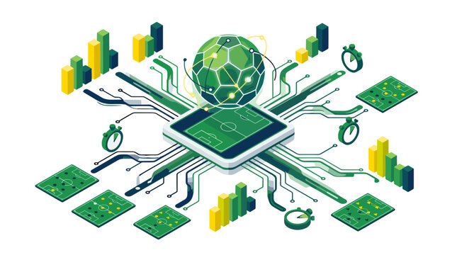 Digital technology concept with interconnected devices and data visualization elements