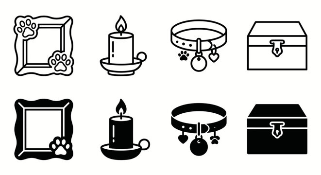 Pet memorial icons: frame, candle, collar, box - black and white outline