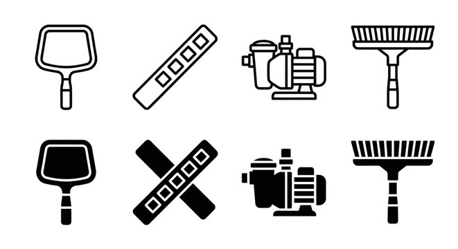 Pool maintenance icons: skimmer, chlorine, pump, and brush - black and white set
