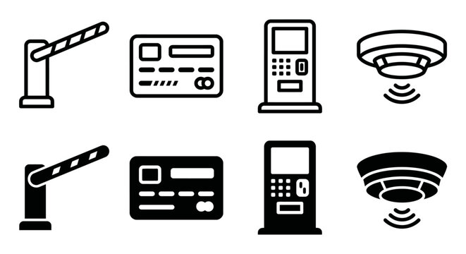 Security access icons: barrier, card, pin pad, smoke detector symbols