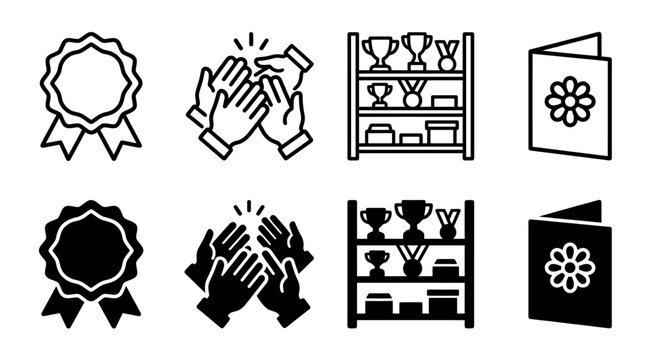 Black and white icons of awards, trophies, applause, and greeting cards