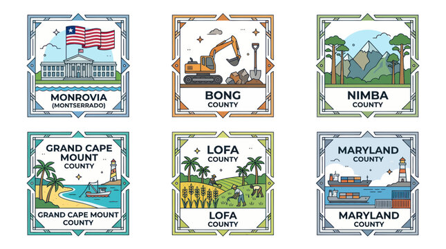 Liberia Counties Illustrated Collection: Monrovia, Bong, Nimba, Grand Cape Mount, Lofa, Maryland